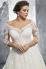 Long Sleeve Lace A-line V-neck Elegant Ivory Wedding Dress