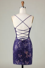 Sparkly Purple Butterflies Tight Beaded Sequins Short Homecoming Dress