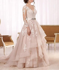 Long Sleeve A-line Tulle Lace V-neck Tiered Open Back Wedding Dress