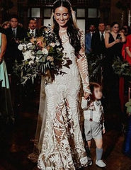 Open Back Mermaid Lace Long Sleeve Wedding Dress with Train