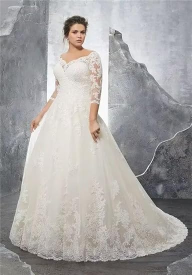 Long Sleeve Lace A-line V-neck Elegant Ivory Wedding Dress