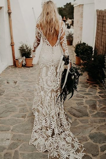 Open Back Mermaid Lace Long Sleeve Wedding Dress with Train