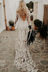 Open Back Mermaid Lace Long Sleeve Wedding Dress with Train