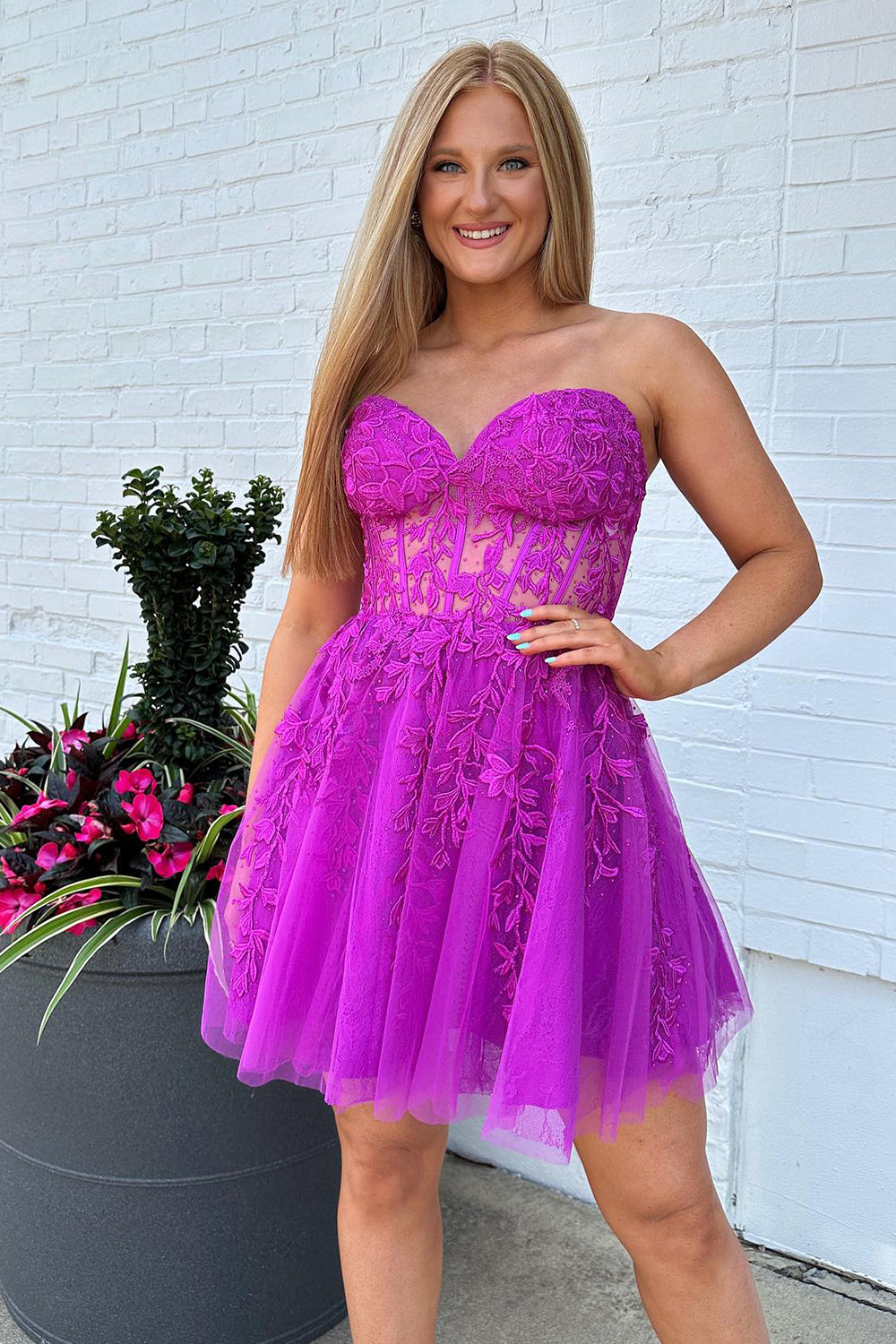 Sparkly Fuchsia Corset A-Line Tulle Short Homecoming Dress with Lace