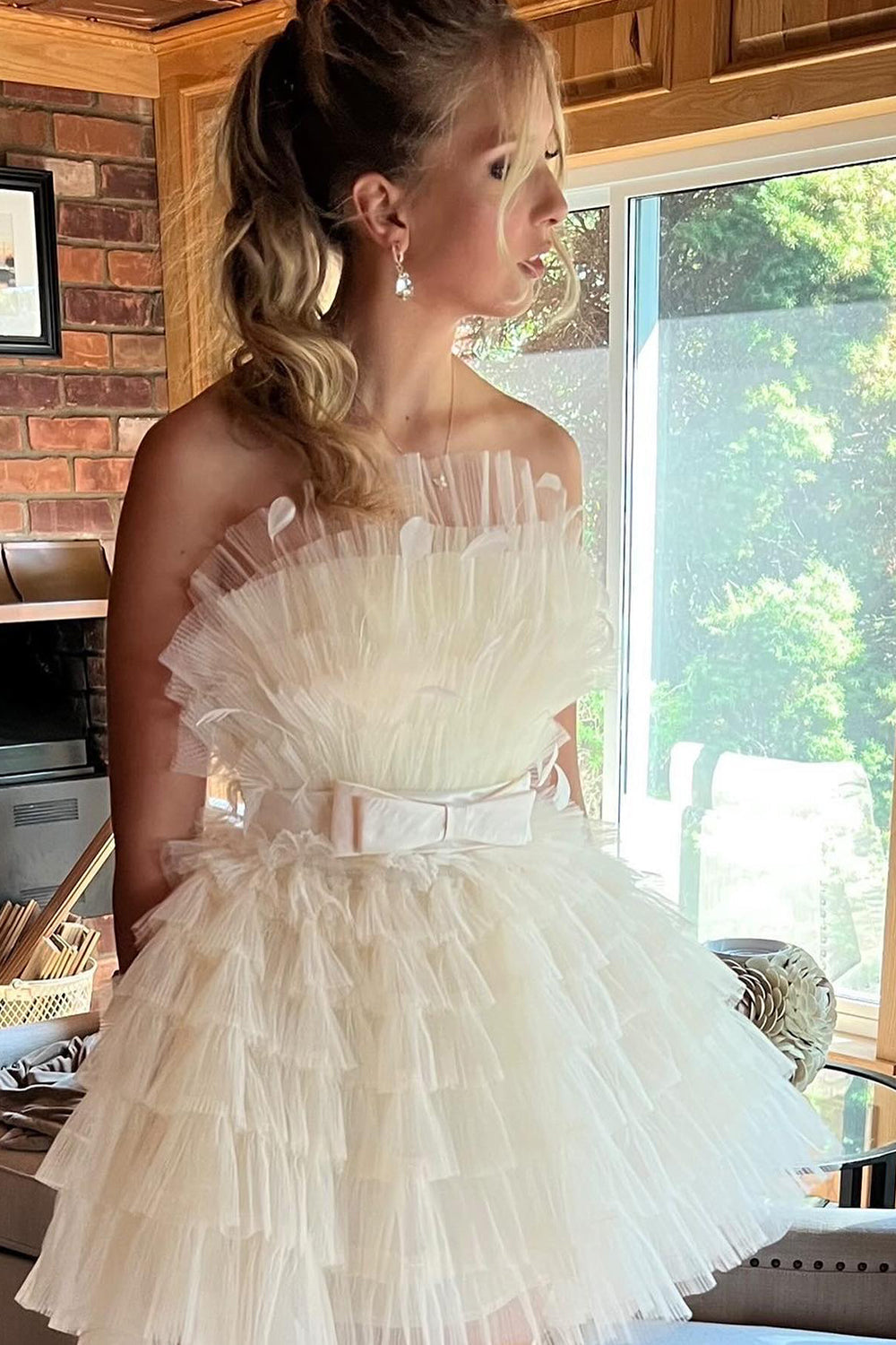 Pink Strapless A-Line Tiered Tulle Short Homecoming Dress