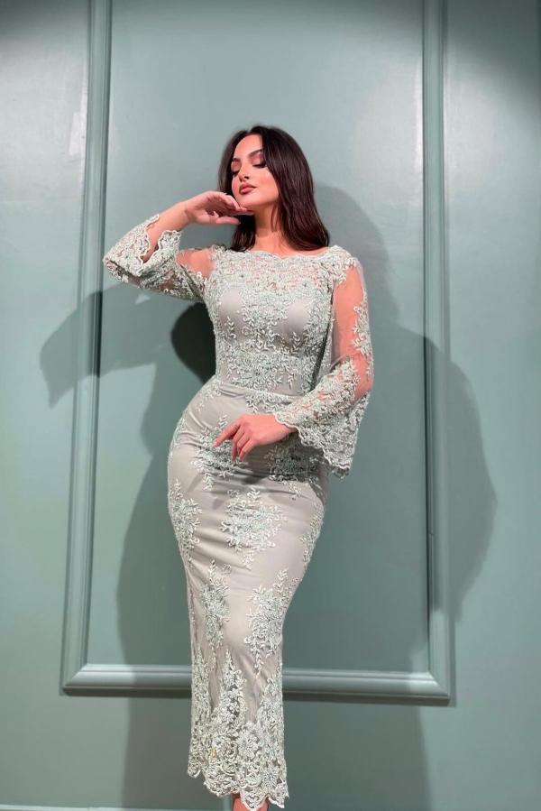 Ankle Length Lace Long Sleeve Dusty Sage Mother Of The Bride Dress Babyonlines