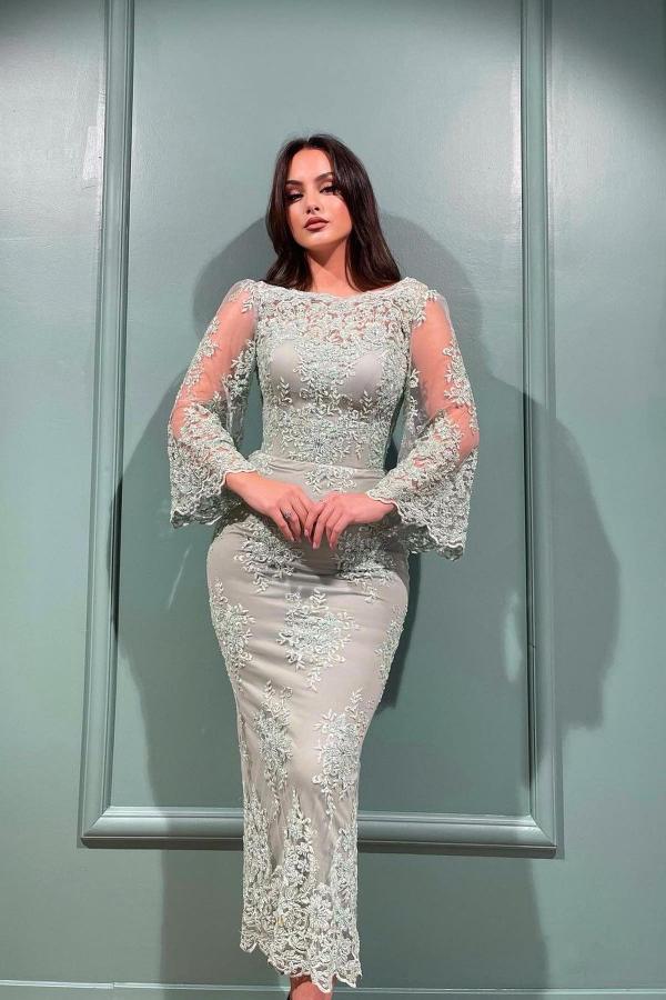 Ankle Length Lace Long Sleeve Dusty Sage Mother Of The Bride Dress Babyonlines