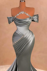 Elegant Mermaid Satin Off The Shoulder Ruffled Prom Dress with Beads