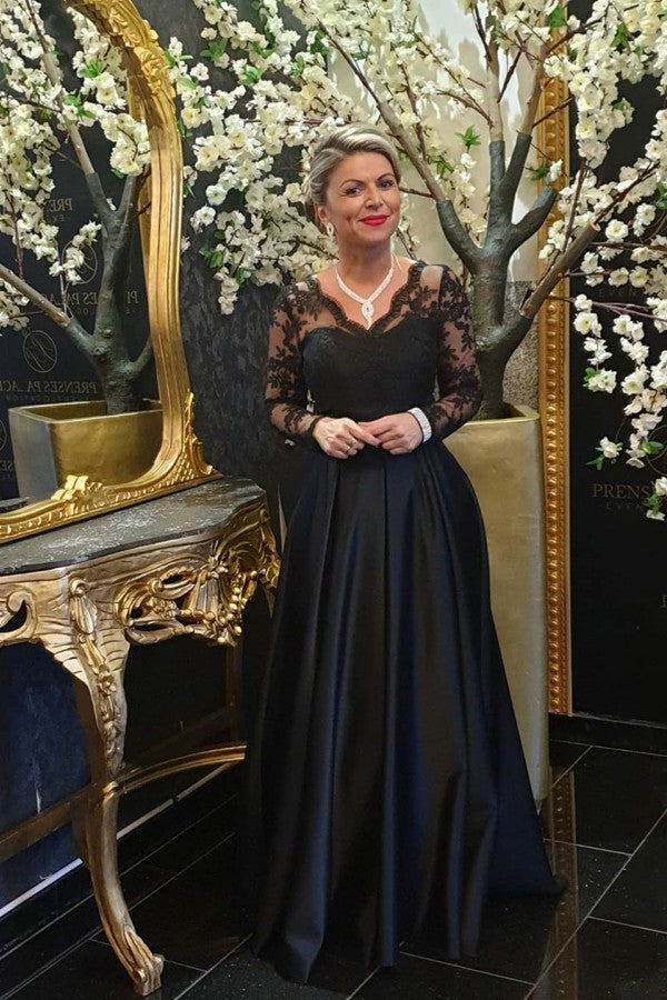 Black Lace V-neck Long Sleeve Satin Mother Of The Bride Dress Babyonlines 