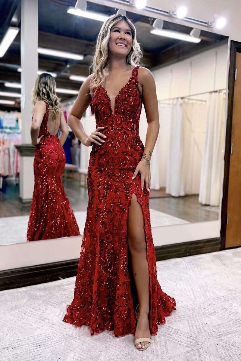 Burgundy V-neck Backless Sequin Mermaid Long Prom Dress with Slit