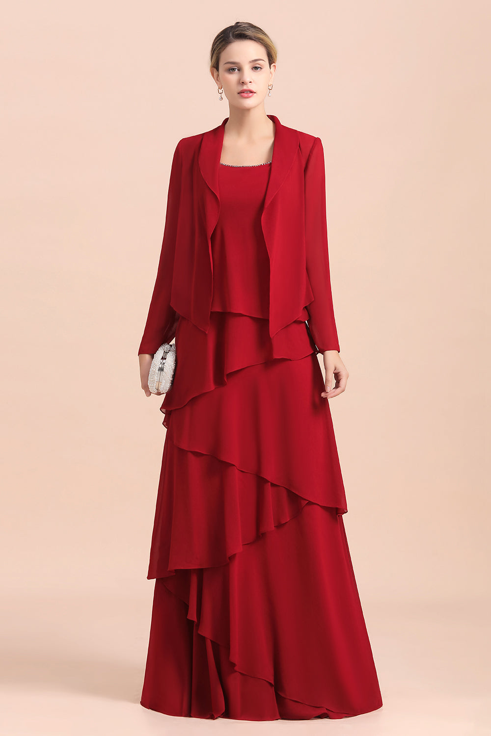 Cascading Ruffles Red Chiffon Mother Of The Bride Dresse with Jacket Babyonlines 
