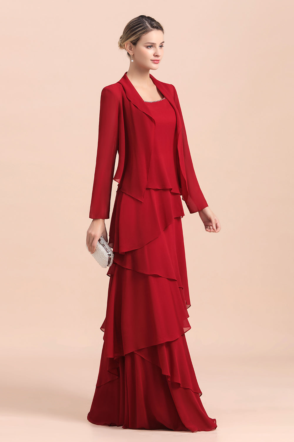 Cascading Ruffles Red Chiffon Mother Of The Bride Dresse with Jacket Babyonlines 