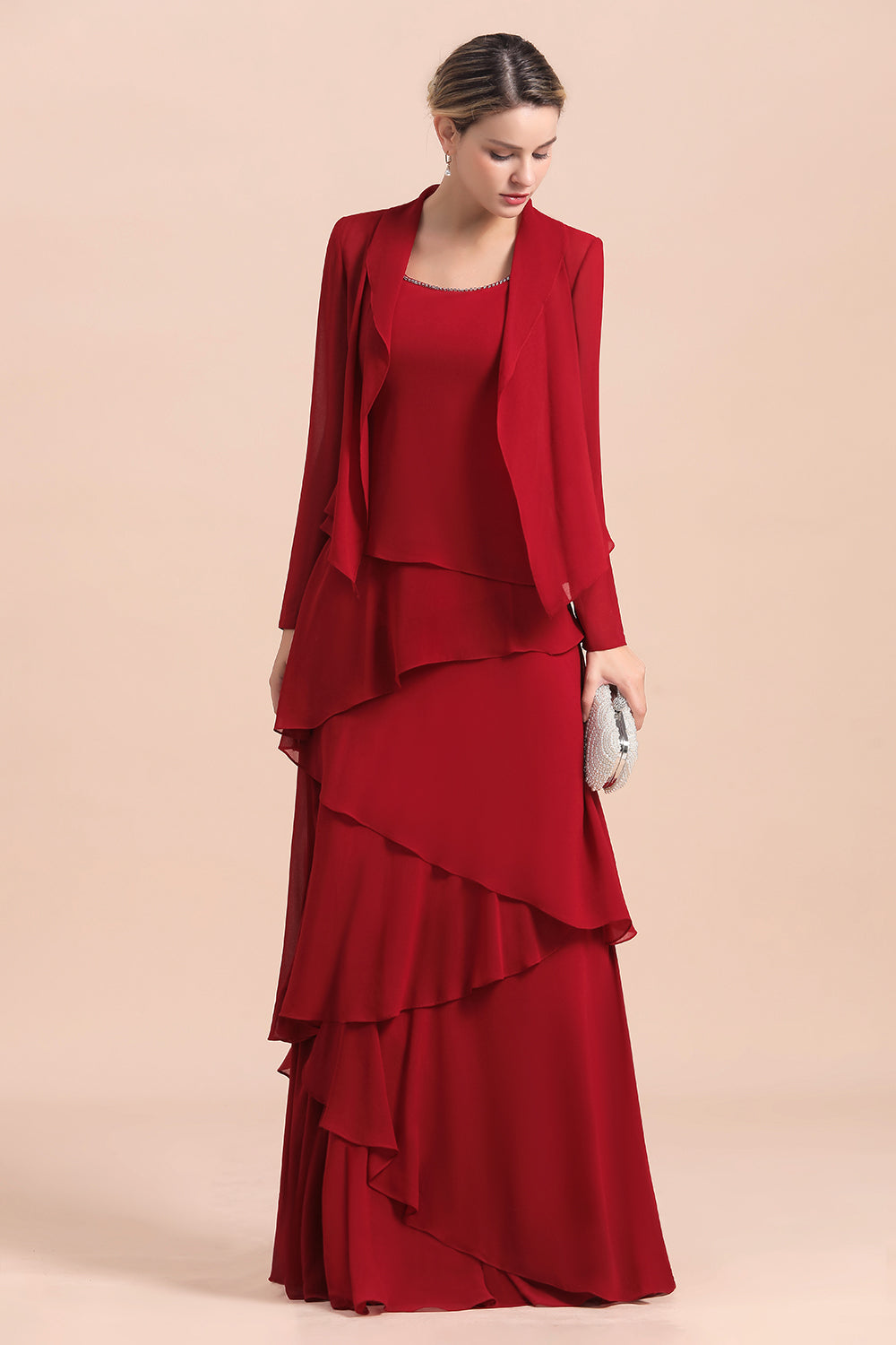 Cascading Ruffles Red Chiffon Mother Of The Bride Dresse with Jacket Babyonlines 