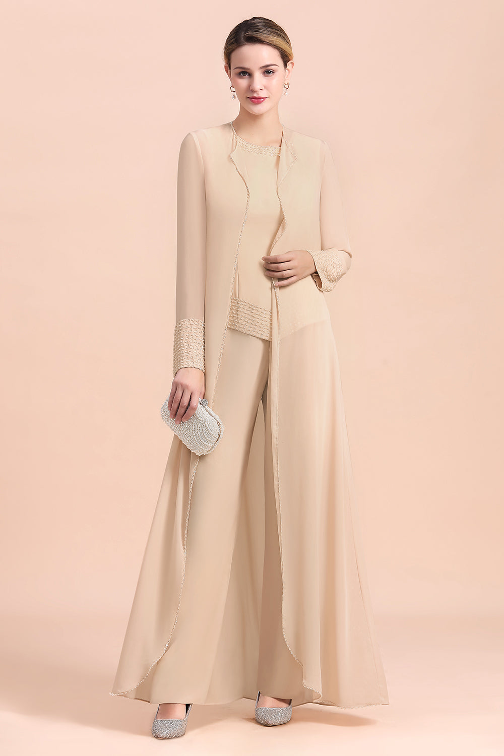 Champagne Long Sleeve Mother Of The Bride Jumpsuit with Long Jacket Babyonlines 