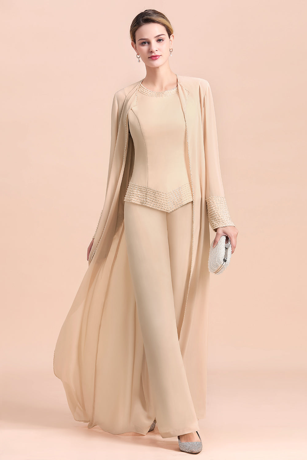 Champagne Long Sleeve Mother Of The Bride Jumpsuit with Long Jacket Babyonlines 