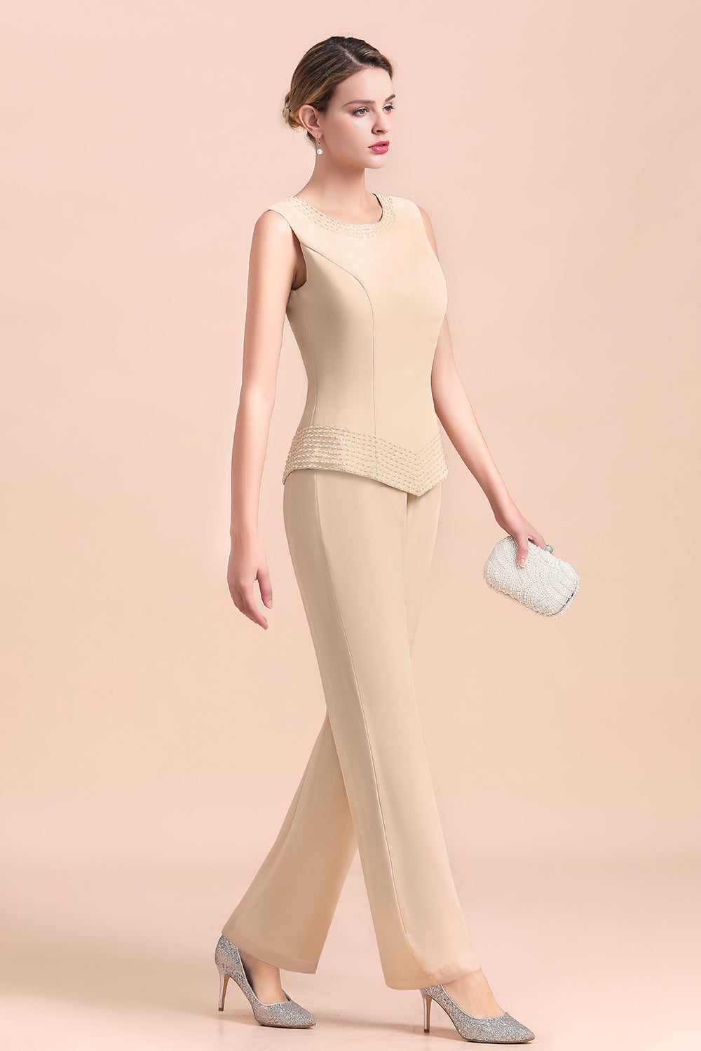 Champagne Long Sleeve Mother Of The Bride Jumpsuit with Long Jacket Babyonlines 