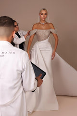 Chic Off The Shoulder Mermaid Satin Sequined Long Wedding Dress with Train