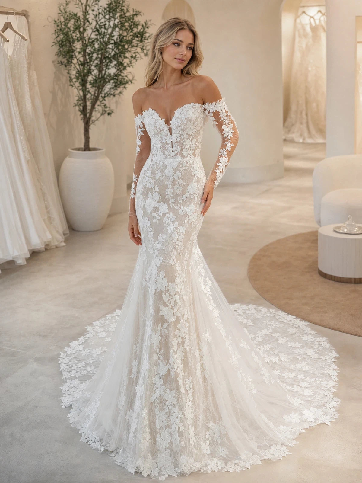 Elegant Off Shoulder Notched Illusion Long Sleeve Mermaid Lace Wedding Dress