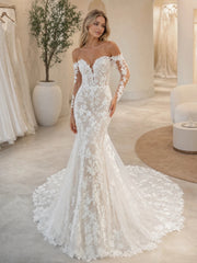 Elegant Off Shoulder Notched Illusion Long Sleeve Mermaid Lace Wedding Dress