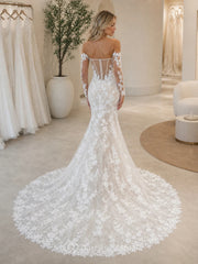 Elegant Off Shoulder Notched Illusion Long Sleeve Mermaid Lace Wedding Dress