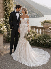 Elegant Off Shoulder Notched Illusion Long Sleeve Mermaid Lace Wedding Dress