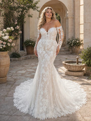 Elegant Off Shoulder Notched Illusion Long Sleeve Mermaid Lace Wedding Dress