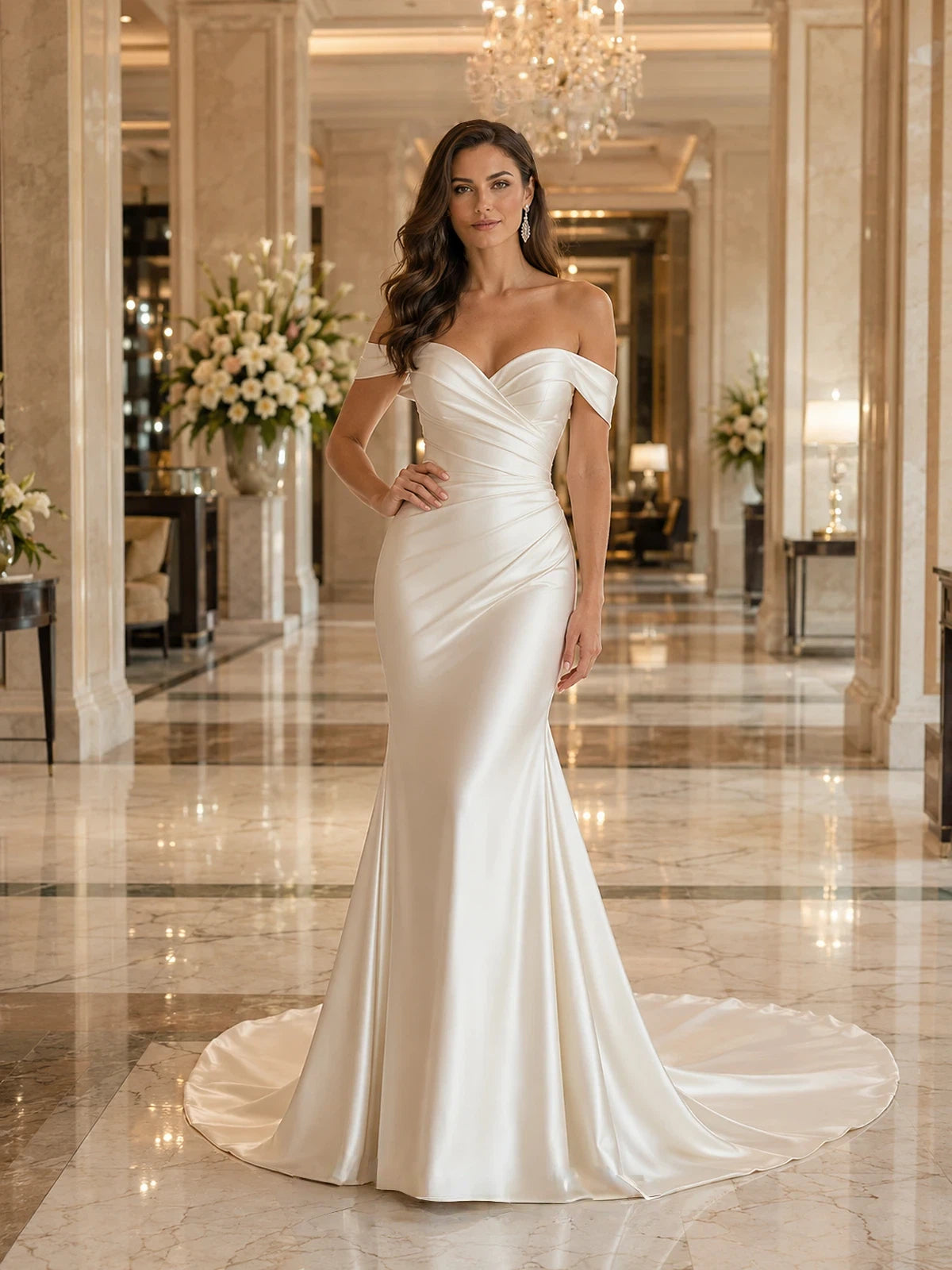 Minimalist Off Shoulder Satin Mermaid Wedding Dress with Chapel Train Bridal Gown