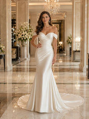Minimalist Off Shoulder Satin Mermaid Wedding Dress with Chapel Train Bridal Gown