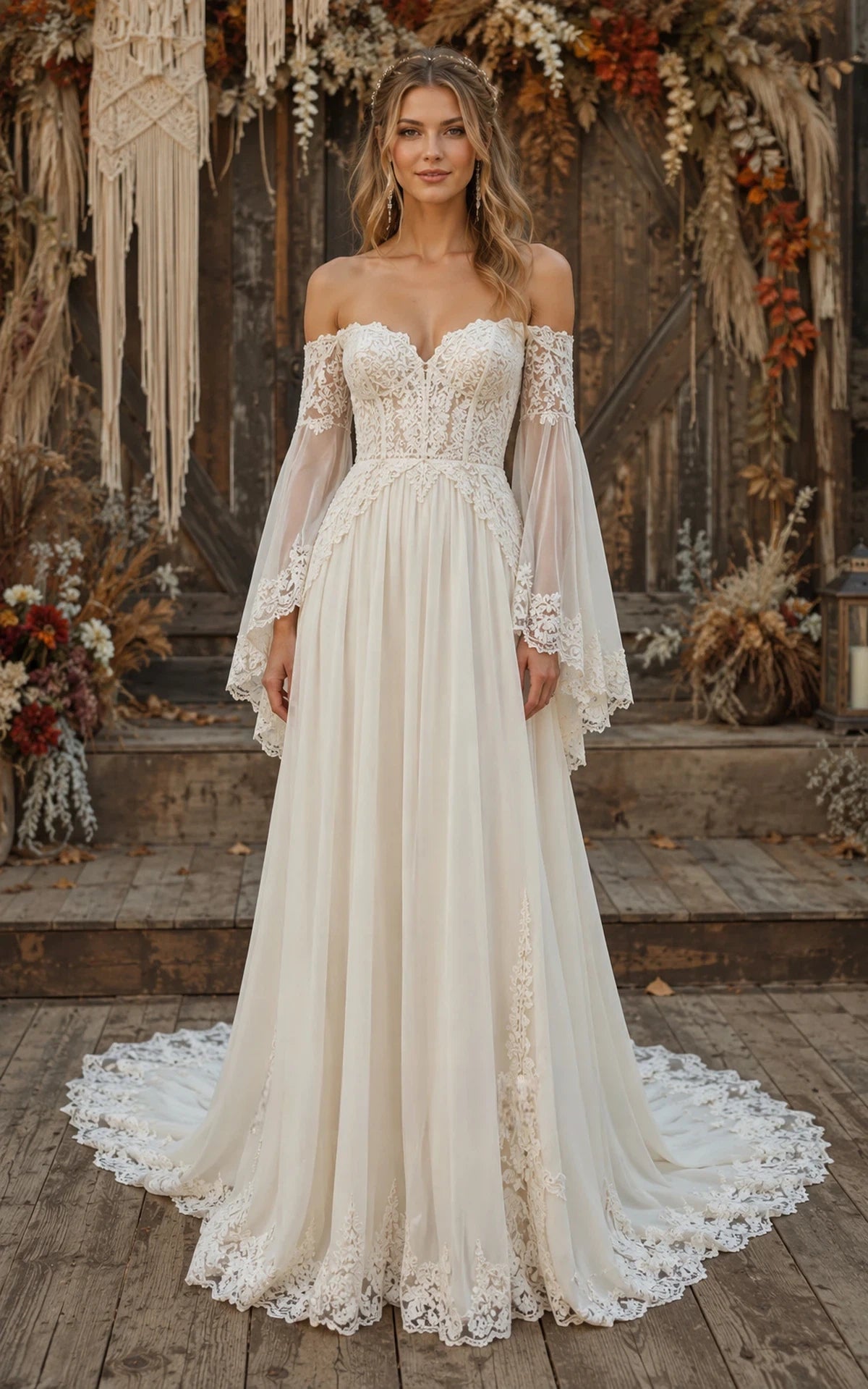 Boho A Line Off Shoulder Bell Sleeve Lace Chiffon Wedding Dress, Chapel Train Ivory