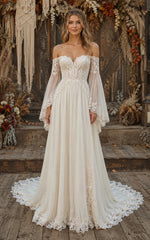 Boho A Line Off Shoulder Bell Sleeve Lace Chiffon Wedding Dress, Chapel Train Ivory
