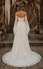 Boho A Line Off Shoulder Bell Sleeve Lace Chiffon Wedding Dress, Chapel Train Ivory