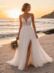Boho Beach Wedding Dress Spaghetti Straps Floral Lace Bodice High Slit Flowing Chiffon Train