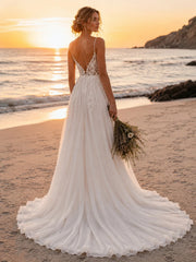 Boho Beach Wedding Dress Spaghetti Straps Floral Lace Bodice High Slit Flowing Chiffon Train