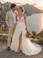 Boho Beach Wedding Dress Spaghetti Straps Floral Lace Bodice High Slit Flowing Chiffon Train