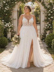 Boho Beach Wedding Dress Spaghetti Straps Floral Lace Bodice High Slit Flowing Chiffon Train