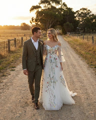 Ethereal Wildflower Embroidered Tulle Wedding Dress Off Shoulder Sleeves