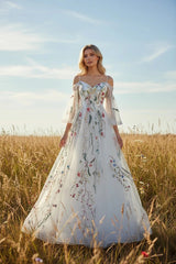 Ethereal Wildflower Embroidered Tulle Wedding Dress Off Shoulder Sleeves