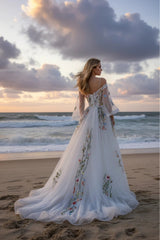 Ethereal Wildflower Embroidered Tulle Wedding Dress Off Shoulder Sleeves