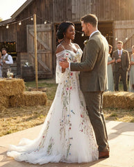 Ethereal Wildflower Embroidered Tulle Wedding Dress Off Shoulder Sleeves
