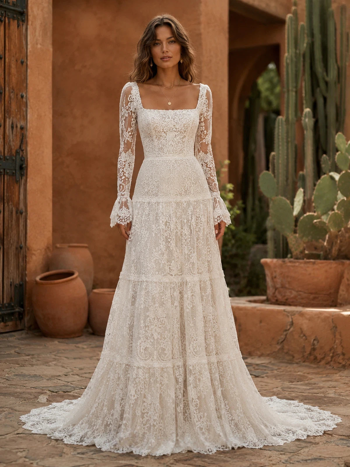 Vintage Boho Lace Wedding Dress Square Neckline Long Sleeves Tiered A Line Skirt