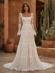 Vintage Boho Lace Wedding Dress Square Neckline Long Sleeves Tiered A Line Skirt