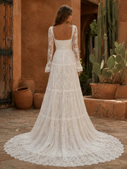 Vintage Boho Lace Wedding Dress Square Neckline Long Sleeves Tiered A Line Skirt