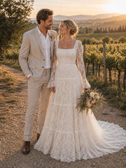 Vintage Boho Lace Wedding Dress Square Neckline Long Sleeves Tiered A Line Skirt