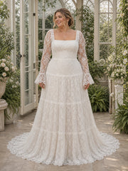 Vintage Boho Lace Wedding Dress Square Neckline Long Sleeves Tiered A Line Skirt