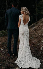 Boho Lace Cap Sleeve Vintage Wedding Dress Simple Country Sheath Bridal Gown