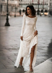Long Sleeve Lace Boho Wedding Dress Simple Ivory Bridal Gown