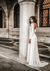 Long Sleeve Lace Boho Wedding Dress Simple Ivory Bridal Gown