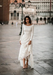 Long Sleeve Lace Boho Wedding Dress Simple Ivory Bridal Gown