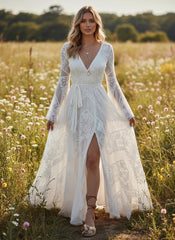 White Lace Boho Maxi Wedding Dress Long Bell Sleeves High Slit