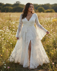 White Lace Boho Maxi Wedding Dress Long Bell Sleeves High Slit